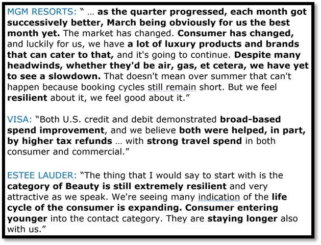 Selected consumer commentary from MGM Resorts, Visa, and Estee Lauder